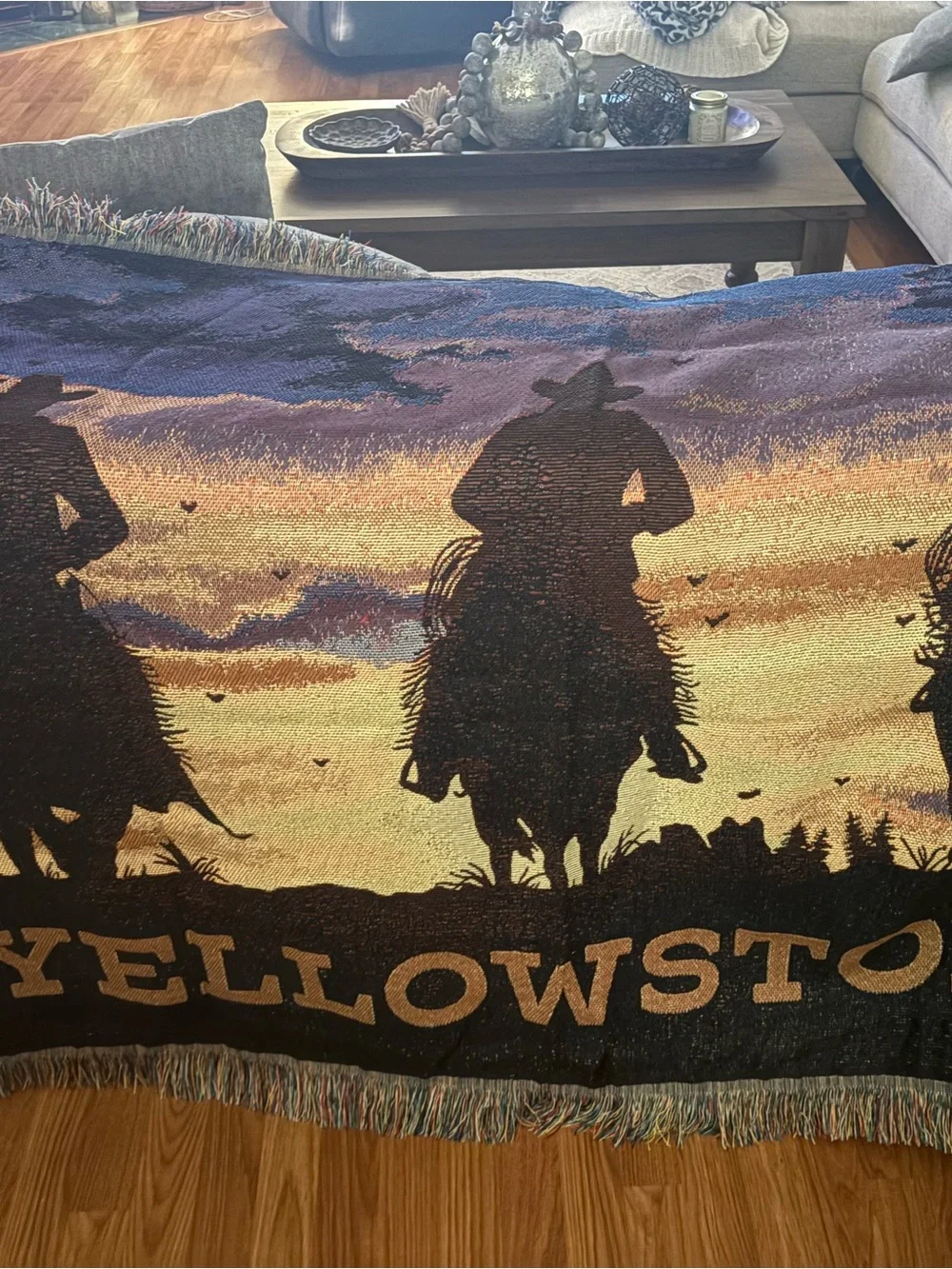 Yellowstone Cowboy Silhouette Woven Throw Blanket - Sunset Colors